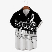 cheap Music and Guitars-Men&#039;s Vintage Music Notes Shirt Button Up Shirt Short Sleeve Fashion Streetwear Designer Outdoor Daily Summer Spring Turndown Print Black White Yellow Wine Blue