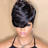 baratos Perucas capless de cabelo natural-peruca bob de onda curta cabelo humano corte pixie peruca para mulheres peruca dianteira rendada com franja ondas em camadas peruca completa feita à máquina 1b cor