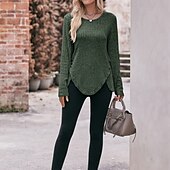 preiswerte Damen Einfache Oberteile-Damen T Shirt Burgunderrotes T-Shirt Glatt Basic Langarm Rundhalsausschnitt Normale Oberteile Täglich Wochenende Schwarz Wein Blau Grün Grau Herbst Winter