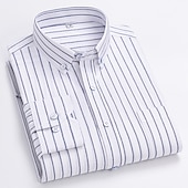 cheap Men&#039;s Oxford Shirts-Men&#039;s Dress Shirt Striped Shirt Button Down Shirt Non Iron Shirt Oxford Shirt Plaid / Striped / Chevron / Round Wedding Office &amp; Career Light Blue White Dark Navy Navy Blue Long Sleeve Shirt Collar