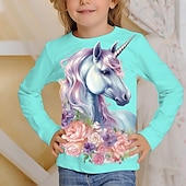 billiga Flickans 3D-tecknad film-Flickor 3D Grafisk Tecknat Enhörnings T-shirt Långärmad 3D-tryck Sommar Vår Höst Aktiv Mode söt stil Barn 3-12 år Utomhus Ledigt Dagligen Normal