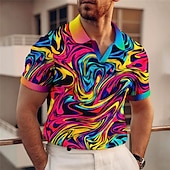 billiga Mäns mönstrade pikétröja-Herr Grafisk Pikétröjor Golftröja Kortärmad Polotröjor V-hals Ledigt Semesterkläder Rave Wear Festkläder 3D-utskrift Gul Rubinrött Blå