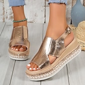 billige Ferietøfler-Damesandaler med metallisk gullfarget espadriller i kunstskinn med åpen tå og spenne, uformelle sommerkilesko for ferie, strand og hverdagsantrekk.