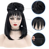 levne Paruky filmových postav-Beetlejuice 2 Lydia Deetz cosplay kostýmová párty paruka nevěsta nadýchané drdoly kudrnatá černá střední dlouhá rovná paruka s ofinou karnevalové kostýmové doplňky paruky na Halloween