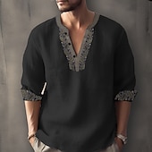 cheap Ethnic Pattern-Men&#039;s Ethnic Shirt Linen Shirt Long Sleeve Fashion Streetwear Designer Outdoor Daily Going out Spring &amp; Summer Stand Collar Print Yellow Light Green Pink Red Navy Blue