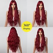 economico Parrucche trendy sintetiche-parrucche rosse per donna cosplay lunga parrucca di capelli sintetici ondulati naturali con frangia