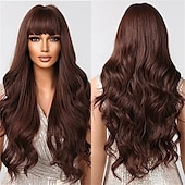 economico Parrucche trendy sintetiche-parrucche rosse per donna cosplay lunga parrucca di capelli sintetici ondulati naturali con frangia