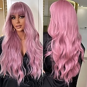 economico Parrucche trendy sintetiche-parrucche ondulate rosse lunghe ombre rosa per le donne parrucche ricci rosa nere con frangia parrucca cosplay radici scure parrucche sintetiche senza colla per l&#039;uso quotidiano delle feste