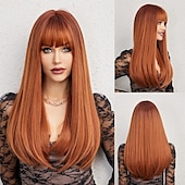 economico Parrucche trendy sintetiche-parrucca bionda ombre lunga dritta con frangia radice scura capelli lunghi con frangia aspetto naturale parrucca sintetica resistente al calore festa di gioco quotidiana adatta a donne alla moda 20