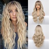 baratos Perucas Sintéticas sem Touca-peruca ombre ruiva com franja peruca longa encaracolada com franja peruca laranja aparência natural peruca sintética resistente ao calor adequada para mulheres da moda