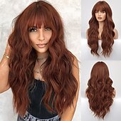 baratos Perucas Sintéticas sem Touca-peruca ombre ruiva com franja peruca longa encaracolada com franja peruca laranja aparência natural peruca sintética resistente ao calor adequada para mulheres da moda