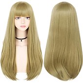 economico Parrucche da festa-parrucca bionda lunga con frangia parrucca lunga e liscia per donna ragazza cosplay parrucca sostitutiva dei capelli resistente al calore parrucche sintetiche per uso quotidiano festa di carnevale