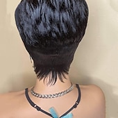 baratos Perucas capless de cabelo natural-peruca bob de onda curta cabelo humano corte pixie peruca para mulheres peruca dianteira rendada com franja ondas em camadas peruca completa feita à máquina 1b cor