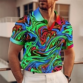 billiga Mäns mönstrade pikétröja-Herr Grafisk Pikétröjor Golftröja Kortärmad Polotröjor V-hals Ledigt Semesterkläder Rave Wear Festkläder 3D-utskrift Gul Rubinrött Blå