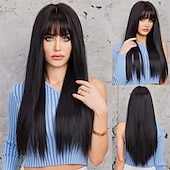 economico Parrucche trendy sintetiche-parrucca bionda ombre lunga dritta con frangia radice scura capelli lunghi con frangia aspetto naturale parrucca sintetica resistente al calore festa di gioco quotidiana adatta a donne alla moda 20