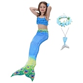 voordelige Zeemeermin badpak-Kinderen Voor meisjes Vijf stuk Zeemeermin zwemkleding Badmode Bikini Strand Zwemmen Regenboog Tie Dye leuke Style Badpakken 3-10 jaar Zomer Licht Blauw Kleurrijk