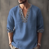 cheap Ethnic Pattern-Men&#039;s Ethnic Shirt Linen Shirt Long Sleeve Fashion Streetwear Designer Outdoor Daily Going out Spring &amp; Summer Stand Collar Print Yellow Light Green Pink Red Navy Blue