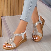 baratos Sandálias de Férias-sandálias rasteiras femininas com strass dourados e tira elástica – sapatos de verão elegantes e confortáveis para uso casual e de festa
