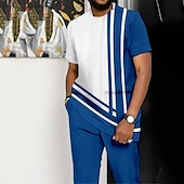 billige T-skjorter med trykk for menn-Herre Grafisk Fargeblokk 2stk T-skjorter sett T-skjorte sett Kortermet Lange bukser Crew-hals Designer Fritid Bekvem utendørs Feriereise Daglig 3D-utskrift Vår sommer Blå Kakifarget Mørkeblå