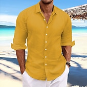 cheap Vacation-Men&#039;s Linen Shirt Summer Shirt Beach Wear Casual Shirt Button Up Shirt Plain Casual Daily Light Yellow White Pink Dark Navy Long Sleeve Spring &amp; Summer Clothing Apparel