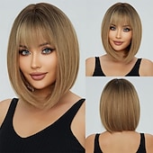 levne Syntetické trendy paruky-blonďatá bobová paruka s ofinou 13 krátkých bobových paruk pro ženy krátká blonďatá paruka s tmavými kořínky tepelně odolná syntetická paruka přírodní hledá pro každodenní párty a cosplay