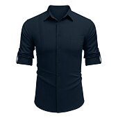 cheap Vacation-Men's Shirt Guayabera Shirt Linen Shirt Button Up Shirt Summer Shirt Beach Shirt Black White Navy Blue Long Sleeve Plain Turndown Spring &amp; Summer Casual Daily Clothing Apparel Patchwork