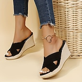 voordelige Sleehaksandalen-damessandalen met sleehak – zwarte suède open teen instapper met gevlochten platform voor zomer-, casual- en strandkleding