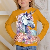 billiga Flickans 3D-tecknad film-Flickor 3D Grafisk Tecknat Enhörnings T-shirt Långärmad 3D-tryck Sommar Vår Höst Aktiv Mode söt stil Barn 3-12 år Utomhus Ledigt Dagligen Normal