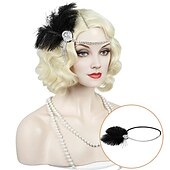 baratos Perucas Históricas-Peruca de Flapper dos Anos 1920 Cacheada com Faixa Peruca Vintage Cacheada dos Anos 20 Cabelo de Fantasia Halloween