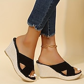 voordelige Sleehaksandalen-damessandalen met sleehak – zwarte suède open teen instapper met gevlochten platform voor zomer-, casual- en strandkleding