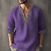 cheap Ethnic Pattern-Men&#039;s Ethnic Shirt Linen Shirt Long Sleeve Fashion Streetwear Designer Outdoor Daily Going out Spring &amp; Summer Stand Collar Print Yellow Light Green Pink Red Navy Blue
