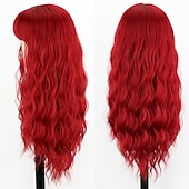 baratos Perucas de festa-Peruca Longa Ondulada Vermelha com Franja Peruca Sintética Longo Cabelo Vermelho para Mulheres Vermelho Vinho Cacheado Fantasia Peruca Borgonha para Uso em Festas Dia a Dia Perucas de Halloween