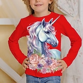 billiga Flickans 3D-tecknad film-Flickor 3D Grafisk Tecknat Enhörnings T-shirt Långärmad 3D-tryck Sommar Vår Höst Aktiv Mode söt stil Barn 3-12 år Utomhus Ledigt Dagligen Normal