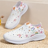 voordelige Damessneakers-Witte slip-on damessneakers met bloemenprint en strass-steentjes voor vrijetijdskleding