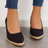 ieftine Mocasini de Damă-pantofi cu pană din pânză neagră de damă – pantofi cu platformă espadrile cu talpă împletită din iută pentru ținute casual de vară, vacanțe la plajă și ținute de zi cu zi