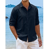 cheap Vacation-Men's Shirt Guayabera Shirt Linen Shirt Button Up Shirt Summer Shirt Beach Shirt Black White Navy Blue Long Sleeve Plain Turndown Spring &amp; Summer Casual Daily Clothing Apparel Patchwork