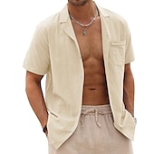 ieftine Business Casual-Bărbați cămașă de in Cămașă de vară Cămașă de plajă Camașă cu nasturi Simplu Vacanță Hawaiian Negru Alb Roz Îmbujorat Albastru piscină Manșon scurt Rever Primavara vara Îmbrăcăminte De Bază