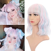 voordelige Feestpruiken-Pastel Golvende Perkament Met Luchtponny Vrouwen Korte Bob Paarse Roze Krullende Schouderlengte Bob Synthetische Dagelijkse Gebruik Kleurrijke Cosplay Perkament voor Meisjes Halloween Perkamenten