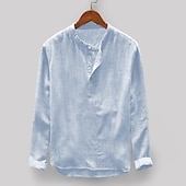 preiswerte Klassiker-Herren Hemd leinenhemd Hemd mit Stehkragen Sommerhemd Strandbekleidung Feste Farbe Casual Hawaiianisch Hellblau Hell Gray Aprikose Grau Halbe Ärmel Kragen Bekleidung
