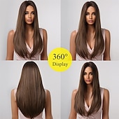 economico Parrucche trendy sintetiche-parrucche castane per donna parrucca sintetica a strati lunghi e lisci capelli naturali parte centrale