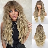 baratos Perucas Sintéticas sem Touca-peruca ombre ruiva com franja peruca longa encaracolada com franja peruca laranja aparência natural peruca sintética resistente ao calor adequada para mulheres da moda