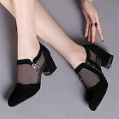 cheap Ankle Boots-Women&#039;s Mesh Panel Chunky Heel Dress Shoes - Elegant Black Formal Pumps with Zipper and Ring Detail