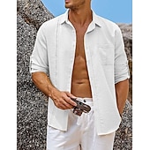 cheap Vacation-Men's Shirt Guayabera Shirt Linen Shirt Button Up Shirt Summer Shirt Beach Shirt Black White Navy Blue Long Sleeve Plain Turndown Spring &amp; Summer Casual Daily Clothing Apparel Patchwork
