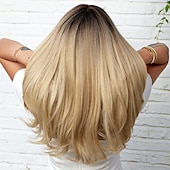 economico Parrucche trendy sintetiche-parrucca bionda ombre lunga dritta con frangia radice scura capelli lunghi con frangia aspetto naturale parrucca sintetica resistente al calore festa di gioco quotidiana adatta a donne alla moda 20