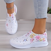 voordelige Damessneakers-Witte slip-on damessneakers met bloemenprint en strass-steentjes voor vrijetijdskleding