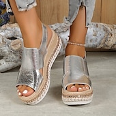 billige Ferietøfler-Damesandaler med metallisk gullfarget espadriller i kunstskinn med åpen tå og spenne, uformelle sommerkilesko for ferie, strand og hverdagsantrekk.