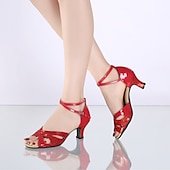 economico Scarpe per balli latini-sandali da ballo glitterati da donna con morbida suola in pelle scamosciata - tacchi neri aperti con cinturini regolabili alla caviglia, perfetti per salsa, tango e balli latini