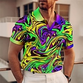 billiga Mäns mönstrade pikétröja-Herr Grafisk Pikétröjor Golftröja Kortärmad Polotröjor V-hals Ledigt Semesterkläder Rave Wear Festkläder 3D-utskrift Gul Rubinrött Blå