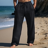 cheap Holiday-Men&#039;s Linen Pants Trousers Summer Pants Drawstring Elastic Waist Straight Leg Stripe Comfort Breathable Outdoor Daily Going out Fashion Casual Sky Blue Khaki