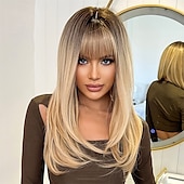 billige Syntetiske trendy parykker-Syntetiske parykker Rett Med lugg Maskinprodusert Parykk Blond Nyanse Lang A1 A9 A10 A12 Syntetisk hår Dame Myk Mote Lett å bære Blond Svart Nyanse